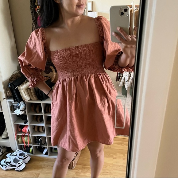 Kourt Portia Linen Flax Rust Burnt Orange Smocked Puff Sleeve Mini Dress Sz S - Picture 5 of 11